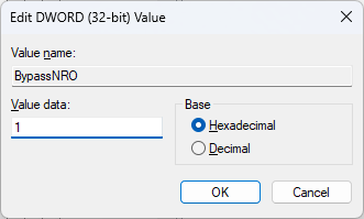 Regedit BypassNRO Value